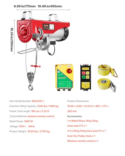 VEVOR 2200lbs Electric Hoist with Wireless Remote Control,110v Electric Hoist with Remote Control, 40ft/20ft Lifting Height & Motor, for Garage Warehouse Factory - size: 2200lbs Wireless