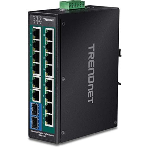 TRENDnet 16-Port Industrial Unmanaged Gigabit PoE+ DIN-Rail Switch,TI-PG162 - style: 14 Port Switch w/ 2 SFP Slots