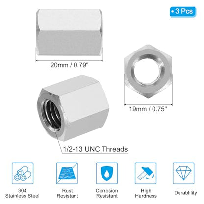 PATIKIL 1/2"-13 UNC 304 Stainless Steel Hex Coupling Nuts, 3Pcs 0.8" Length Fully Threaded Rod Coarse Coupling Nut Studding Connector Fasteners, Silver Tone - size: 1/2"-13 x 0.8"