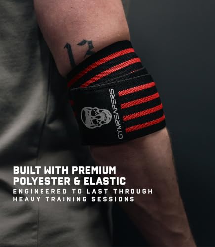 Gymreapers Weightlifting Elbow Wraps (1 Pair) - Flexible 40'' Elbow Compression Strap & Joint Support Brace - for Bench Press, Powerlifting, and Pressing - color: Red