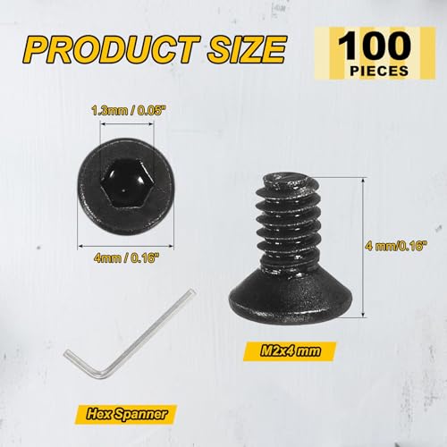 PATIKIL M2x4mm Flat Head Socket Cap Screws Carbon Steel Hex Spanner 100Pcs - size: M2x4 mm