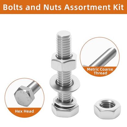 304 Stainless Steel (A2-70) Metric Bolt & Nut Assortment Kit - 408pcs M5/M6/M8 Hex Bolts, Nuts & Washers Set - Fully Threaded 18-8 Stainless Steel Hardware Kit - size: 408 pieces M5/M6/M8