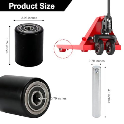 Two Packs of Pallet Jack/Truck Wheels 3” x 3.75” PU Poly Tread, 20mm ID Bearings, Full Set with Axles, Pins and Entry Exit Roller - color: Black