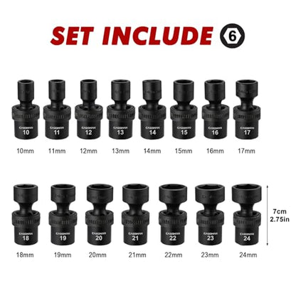 CASOMAN 15 PCS 1/2" Drive Standard Universal Impact Socket Set, 6 Point, Metric,10-24mm - size: 15 PCS 1/2" Dr.(Shallow)