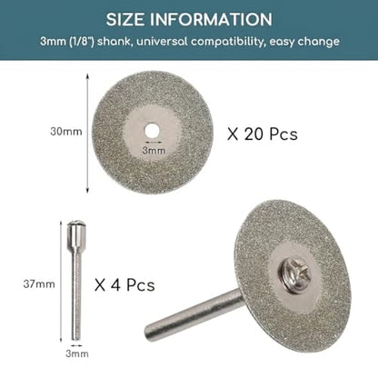 30mm Diamond Cutting Wheels, 20 PCS Tile Cutting Wheel with 4 Mandrels for Glass, Ceramic, Tile, Stone, Agate, Rock, Compatible Most Rotary Tools for DIY Craft