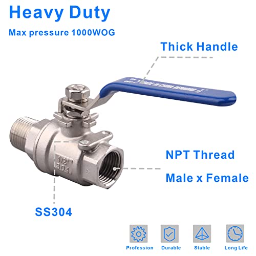 DERNORD 2 Pack Full Port Ball Valve 1/2 Inch - Male x Female Stainless Steel 304 Heavy Duty for Water, Oil, and Gas, 1000WOG - size: 1/2 Inch NPT, style: Pack of 2
