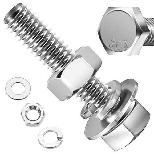 Mywish (6 Sets) 3/8-16x1-3/4 Hex Head Assorted Screws Nuts and Bolts with Flat & Lock Washers, 304 Stainless Steel 18-8, Fully Threaded, 3/8 Bolt Metric Bolt Assortment - size: 3/8-16 x 1-3/4 (6 set)