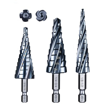 toolant M35 Cobalt Step Drill Bit Set, 3pcs, 1/8"-7/8", 1/4" Hex Shank - size: 1/8" - 7/8" (3pcs Set)