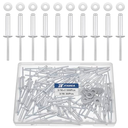 130pcs 3/16" x 1" Silver Aluminum Pop Rivets with Stainless Steel Washers 4.8 x 25mm Blind Rivet Assortment Kit - size: 3/16*1
