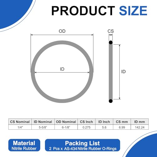 uxcell 2Pcs AS-434 Nitrile Rubber O-Rings 5-5/8" ID 6-1/8" OD 1/4" W Black - size: 5-5/8" ID 6-1/8" OD 1/4" Width
