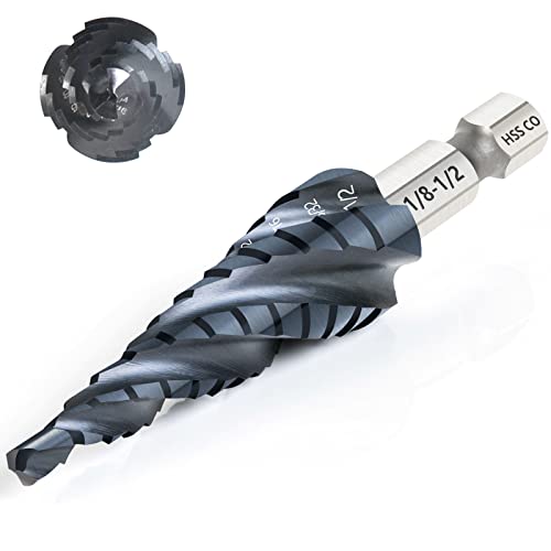 Matework M35 Cobalt Step Drill Bit, Four Spiral Flute Unibit Step Drill Bit (1/8"-1/2") Wear-Resistant TiAlN Coated, 1/4" Hex Shank for Metal, Carbon Steel, Stainless Steel, Wood, Plastic (13 Size) - size: 1/8"-1/2"