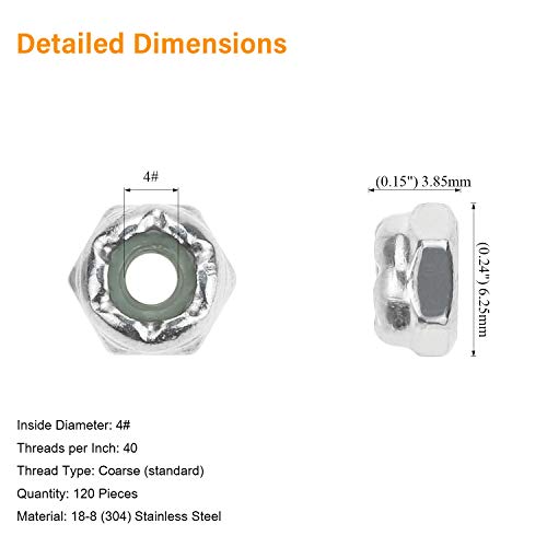 120 Pieces 4#-40 Nylon Insert Hex Lock Nuts, 304 Stainless Steel - size: 4-40 (120 pcs)
