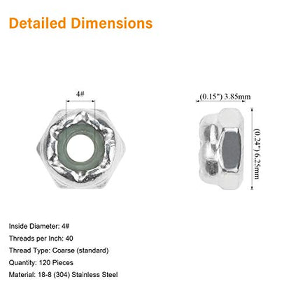 120 Pieces 4#-40 Nylon Insert Hex Lock Nuts, 304 Stainless Steel - size: 4-40 (120 pcs)