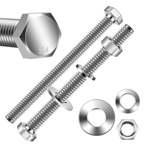 Mellewell 1/4-20 x 4-1/2" Hex Head Bolts with Hex Nuts and Thick Flat & Lock Washers, Fully Threaded, Stainless Steel 18-8, Plain Finish, 8 Sets - color: Silver, size: 1/4-20 x 4-1/2"