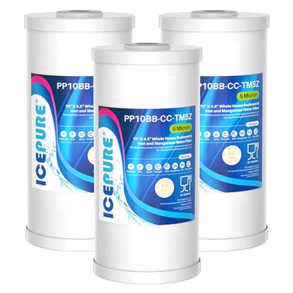 ICEPURE 5 Micron 10" x 4.5" Whole House Sediment and Iron Manganese Resin Water Filter Compatible with GE FXHTC, GXWH40L, RFC-BBSA W50PEHD Whirlpool WHKF-GD25BB GXWH35F GNWH38S Dupont WFHD13001, 3PACK - size: 3 Count (Pack of 1), style: PP Cotton + Iron M