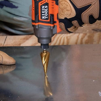 Klein Tools 25960 Step Drill Bit, 7/8 to 1-3/8-Inch, Spiral Double-Fluted, Cut Thin Metal, Plastic, Aluminum, Wood, 1/4-Inch Hex Shank, VACO
