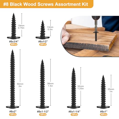VGBUY 160Pcs #8 Modified Truss Head Wood Screws Assortment Kit, Stainless Steel 410 Quick Metal,Black Zinc Plated,Self Tapping Screws, 6 Sizes (1/2", 3/4", 1", 1-1/4", 1-1/2", 2") - color: Black