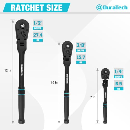 DURATECH 3-Piece Flex-Head Ratchet, 90-Tooth Quick-Release Ratchet Wrench - size: Combo Kit(Black)