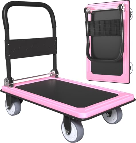 WUD Push Cart, Folding Mobile Platform Trolley,Thickened and Reinforced, 360° Swivel Wheels,35.4 “L x 23.6 ”W, 1100 lb. Pink Dolly cart with Wheels (Pink, Large) - color: Pink, size: Large