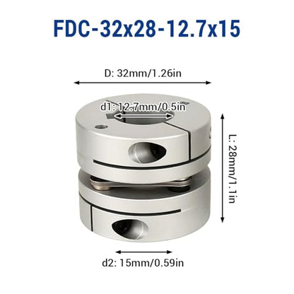 12.7mm to 15mm Flexible Diaphragm Coupling, D32 L28 Aluminium 1 Diaphragm Motor Shaft Coupler for 3D Printer CNC Machine Servo Stepped Motor - color: FDC-32x28-12.7x15