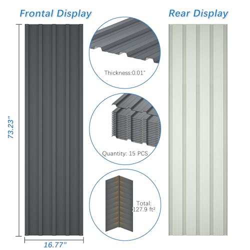 Metal Roof Panels 15 pcs 6.1 ft Length Galvanized Steel Corrugated Tin Roofing Panels Gazebo Top Cover Garages,Sheds, Stables and Mobile Homes Replacement for Patio Outdoor Garden, Gray - color: Gray, size: 15 pcs/L73.23"