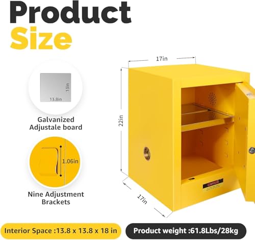12 Gal Flammable Storage Cabinet, 22" H x 17" W x 17" D Fire Cabinet