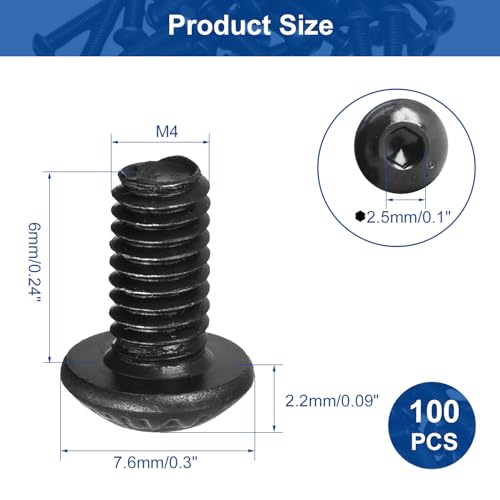 100Pcs M4 x 6mm Button Head Socket Cap Screws, Alloy Steel 10.9 Grade - size: M4 x 6mm