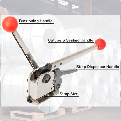 Steel Strapping Tool for 1/2’’ to 3/4" Width Steel, 3-in-1 (Tensioner, Crimper, Cutter) Heavy Duty Metal Straps Packaging Machine, Manual High Tensile Strapping Tensioner Banding Tool - size: Strapping Tool (1/2'', 5/8'' , 3/4'')
