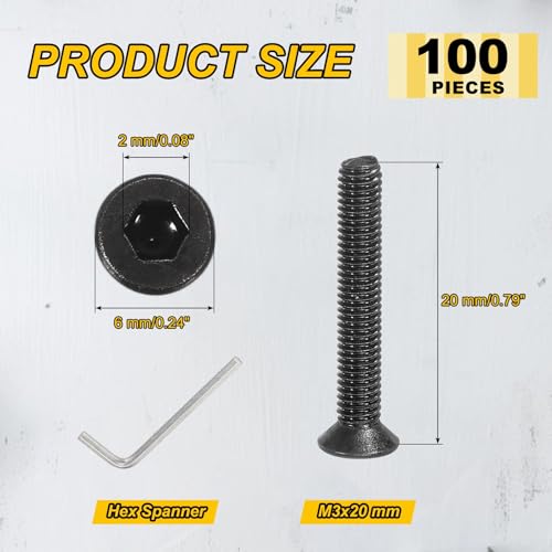 PATIKIL M3x20mm Flat Head Socket Cap Screws Carbon Steel Hex Spanner 100Pcs - size: M3x20 mm