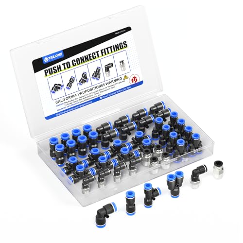 TAILONZ PNEUMATIC 1/4 Inch od Push to Connect Fittings Pneumatic Fittings Kit 8 Spliters+8 Elbows+8 tee+8 Straight +4 Male Straight NPT Thread +4 Male Elbow NPT Thread 40PCS - color: Blue, size: 1/4"OD/40PCS