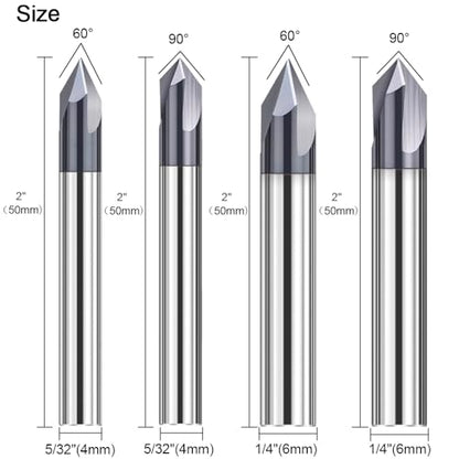 4Pcs Carbide Chamfer End Mill V Groove Router Bit 60 Degree and 90 Degree - size: 5/32" & 1/4", 60 & 90 Degree
