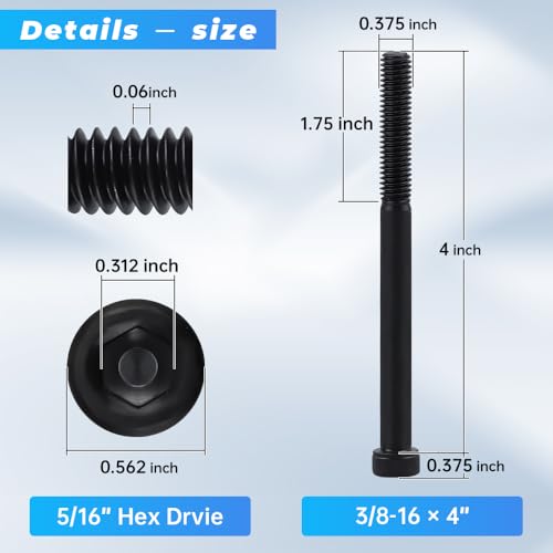 Glvaner 3/8"-16 x 4 (8 pcs) Socket Head Cap Screws, 12.9 Grade Alloy Steel, Black Oxide Finish, Partial Thread UNC, Allen Hex Drive - size: 3/8-16 x 4"