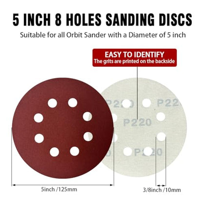 5 Inch 8-Hole Hook and Loop Sanding Discs Sandpaper Red Round 220 Grits Sandpaper for Random Orbital Sander (220 Grit 52-Pack) - style: 220 Grit 52-Pack
