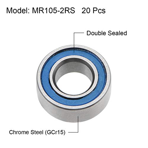 uxcell MR105-2RS Deep Groove Ball Bearings 5mm Inner Dia 10mm OD 4mm Bore Double Sealed Chrome Steel Blue Seal Z2 20pcs (Pack of 2) - size: 5mmx10mmx4mm (Pack of 2)