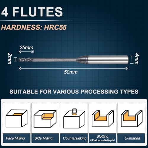 2mm Carbide End Mill, 25mm Cut L, 50mm L, 4mm Shank, Black - color: Black, size: 2mm Dia,25mm CL,50mm L,4mm Shank