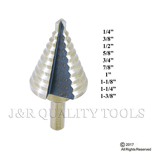 VCT Titanium Step Drill Bit – 10 Sizes from 1/4" to 1-3/8" High-Speed Steel Straight Flute 3/8" Shank for Sheet Metal, Plastic, Wood Precision Drilling Tool