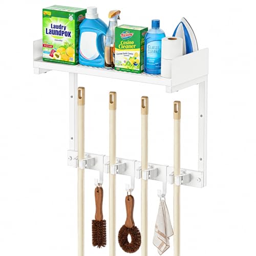 Mop Broom Holder Wall Mount with Top Shelf, Broom Organizer Wall Mount - color: White, size: Small