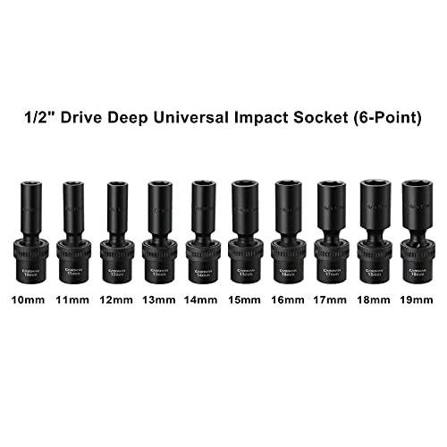 CASOMAN 10 PCS 1/2" Drive Deep Universal Impact Socket Set, Metric,10-19mm - size: 10 PC Metric 1/2" Dr. (Deep)