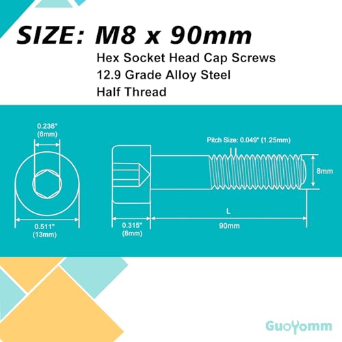 M8-1.25 x 90mm 8pcs Hex Socket Head Cap Screws Bolts, 12.9 Grade Alloy Steel, Black Oxide Finish, Metric Allen Drive, Half Thread - size: M8 x 90mm(8PCS)