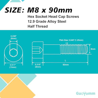 M8-1.25 x 90mm 8pcs Hex Socket Head Cap Screws Bolts, 12.9 Grade Alloy Steel, Black Oxide Finish, Metric Allen Drive, Half Thread - size: M8 x 90mm(8PCS)