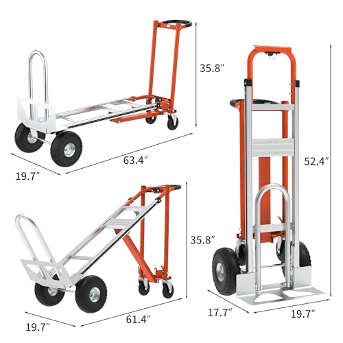 Aluminum 3 in 1 Convertible Hand Truck-Orange Dolly for Moving, 800Lbs Capacity, Heavy Duty Folding Hand Truck Dolly Cart with Wheels,Handtruck for Logistics, Shopping, Home, Office Moving - color: Orange