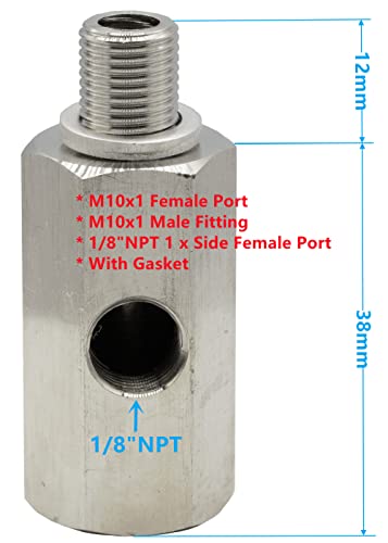 M10 Oil Pressure Sensor Tee Adapter Turbo Supply Feed Line Gauge M10x1.0 Female to M10 x 1.0 Male with 1/8 NPT Side Port Stainless Steel Hose T Fittings - size: M10x1 to M10x1, 1/8"NPT