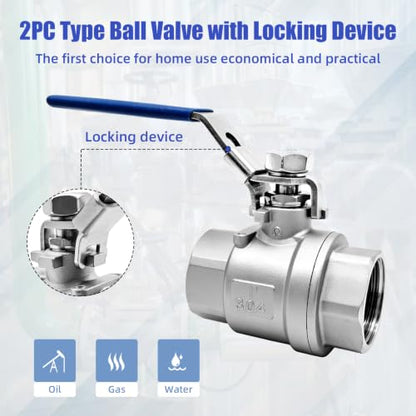 4 Pack 3/8" Ball Valve, 304 Stainless Steel Full Port Shut Off Valve, Female NPT x Female NPT, Locking Handle, 1000 WOG for Water, Oil, Gas & Air Applications - size: 3/8inch