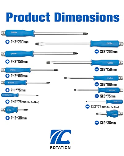 ROTATION 12pc Magnetic Go-Thru Screwdriver Set, 6 Phillips and 6 Flat
