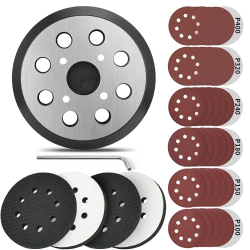 5 Inch 8 Holes Hook Loop Orbital Sander Metal Pad Replacement for Milwaukee 6021-21 6034-21 2648-20 2648-21 with 4 PCS Foam & 36 PCS Sanding Discs 100 150 180 240 320 400 Grits - size: FIT 51-36-7100