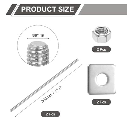 uxcell 3/8"-16 UNC Fully All Threaded Rod, 2 Pcs 304 Stainless Steel Long Threaded Screw 11.8" Length Right Hand Threads with Square Washers for Furniture Mounting Assembly Fastening - size: 11.8"