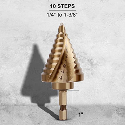 COMOWARE 10 Sizes M35 Cobalt Step Drill Bit, 1/4" to 1-3/8", Two-Spiral Flute Step Bit for Metal, Stainless Steel, Wood & Plastic, with 1/4" Hex Shank - style: 1Pc Cobalt - Hex Shank