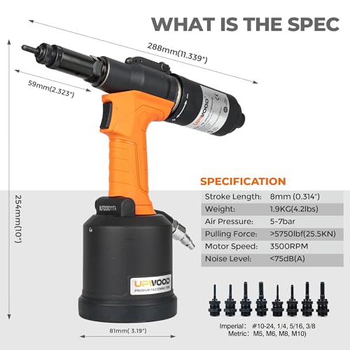 Heavy Duty Air Hydraulic Rivet Nut Tool with reversible button, HPS6312F Pneumatic Riveter Automatic Rivet Nut Gun Tool Setting Kit Come with 8 Size Metric and SAE Nose-Piece Assembly - style: Air Hydraulic Rivet Nut Tool with reversible button HPS6312