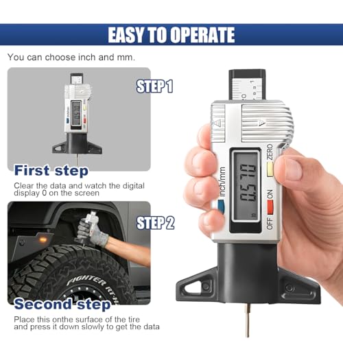 Digital Tire Tread Depth Gauge, Portable 0.01mm Resolution, Silver - color: Silver