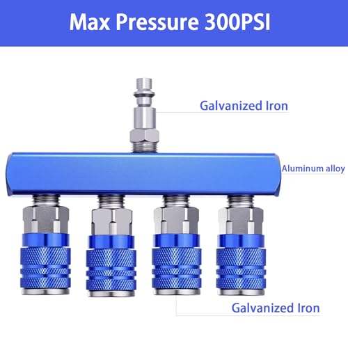 4-Way Air Manifold 1/4 Inch Air Hose Splitter Industrial Connect Fitting 4 Couplers Plug Blue - color: Blue
